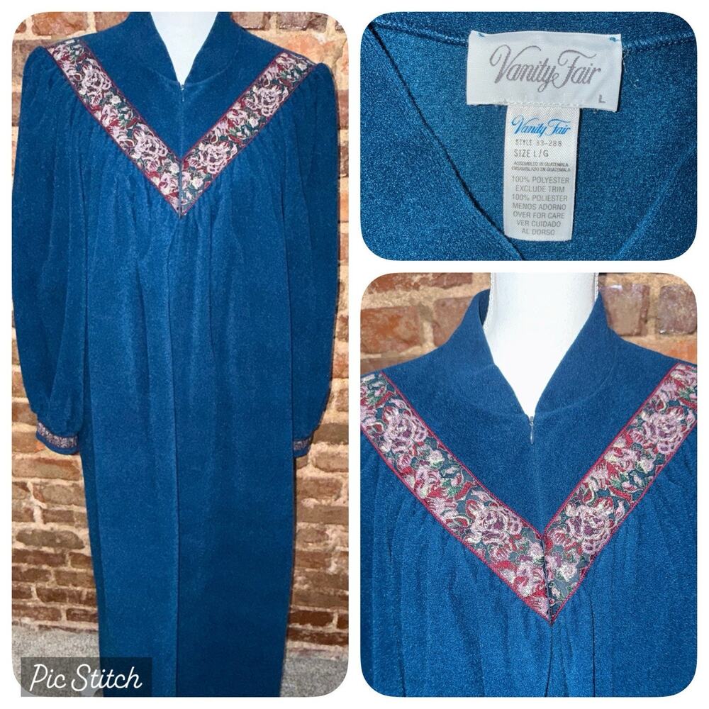 Pristine Cond. Vanity Fair Navy Velour Robe Women's L Zip Housecoat Cozy Lounge